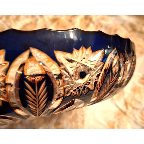 Vintage Czech Bohemian Cut to Clear 12.5" Bowl Feather Pattern Brown Orange - Picture 16 of 16